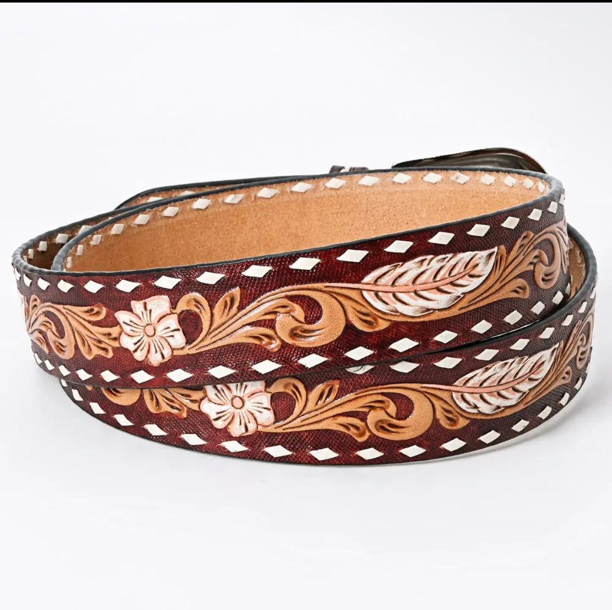 Feather in the Wind Hand Tooled Leather Belt￼