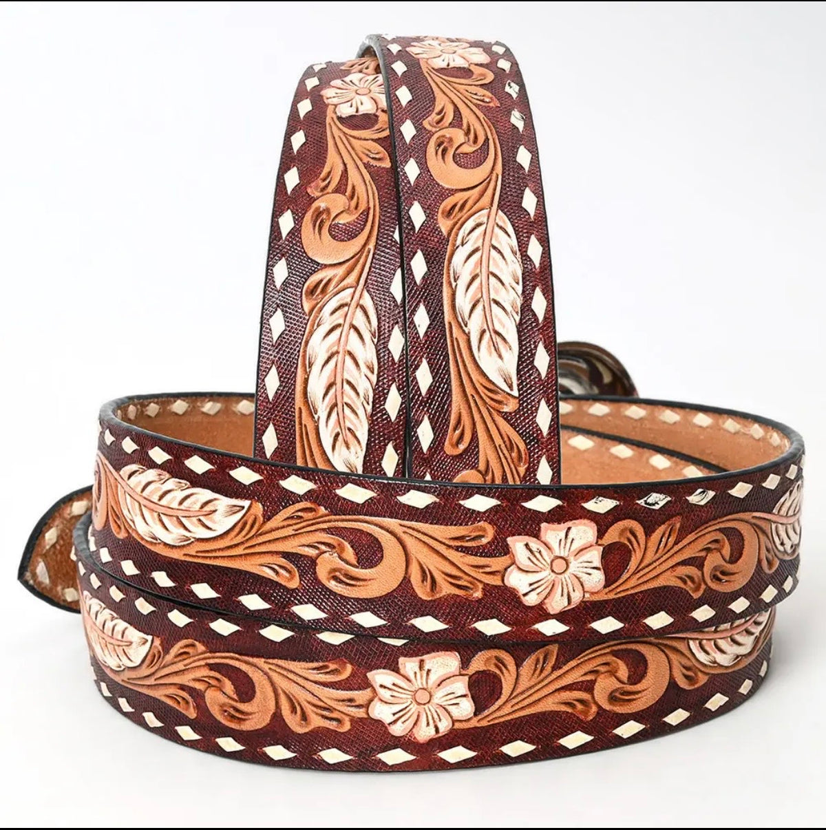 Feather in the Wind Hand Tooled Leather Belt￼