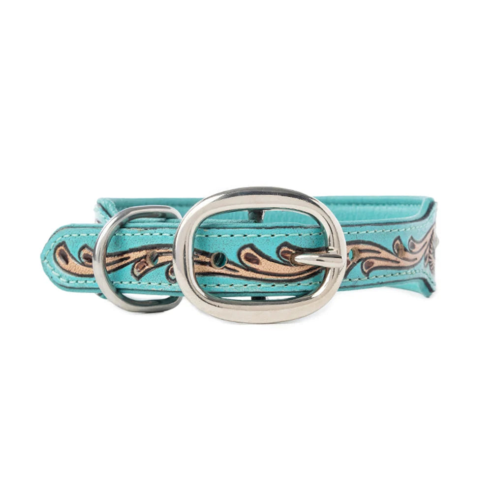 Turquoise Sparkle Leather Tooled Collar ￼