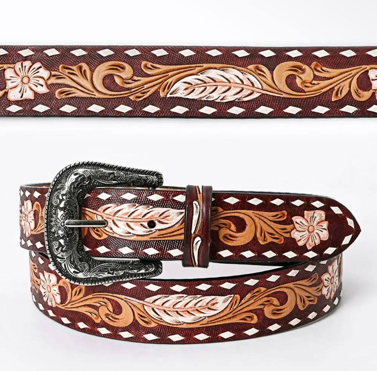 Feather in the Wind Hand Tooled Leather Belt￼