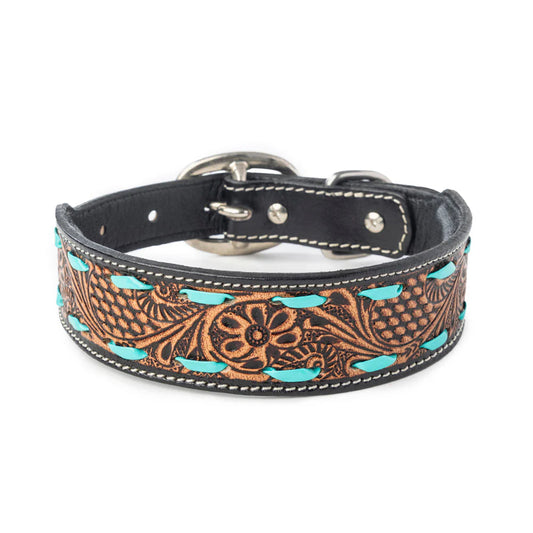 Tooled in Turquoise Hand-tooled Leather Dog Collar with turquoise stitch