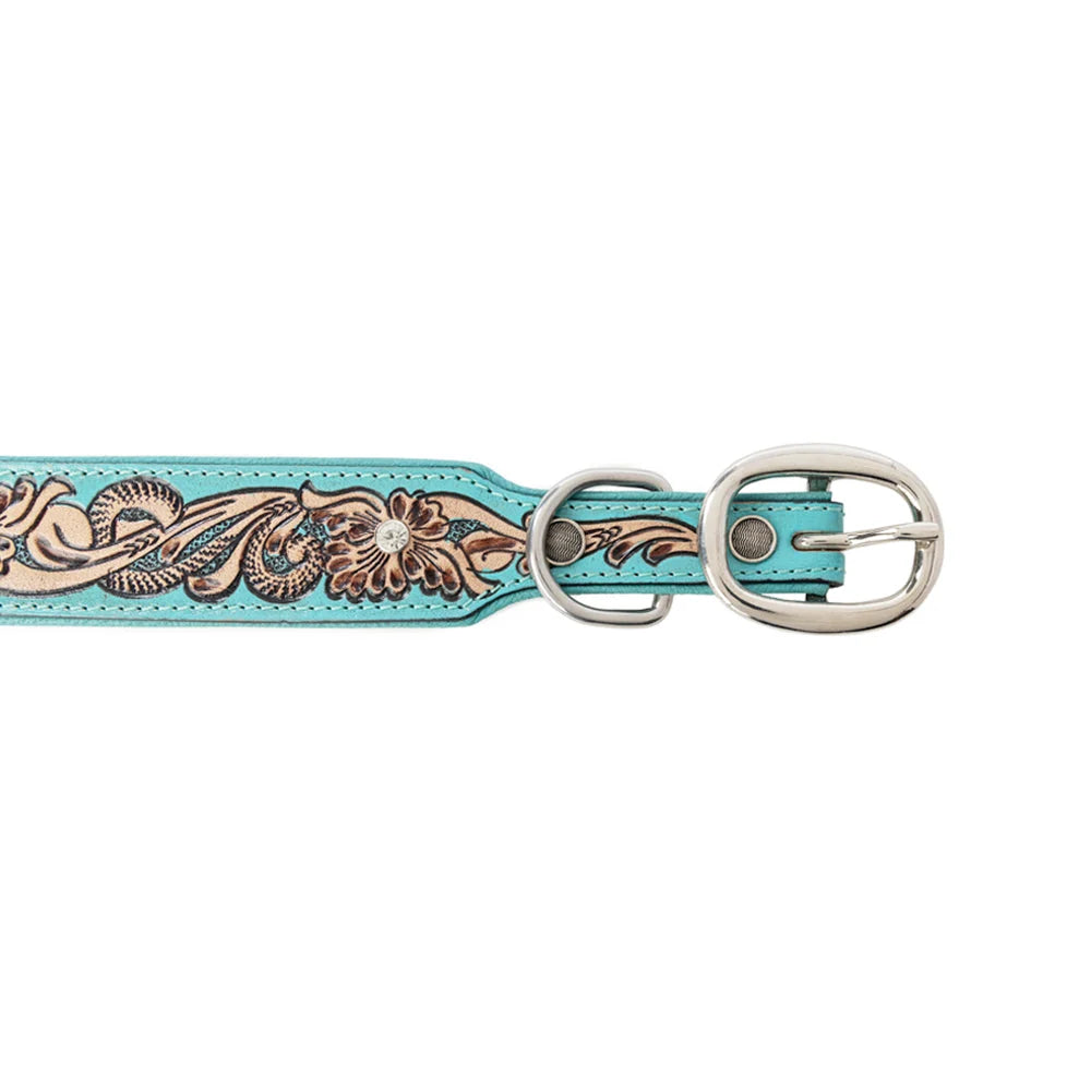 Turquoise Sparkle Leather Tooled Collar ￼