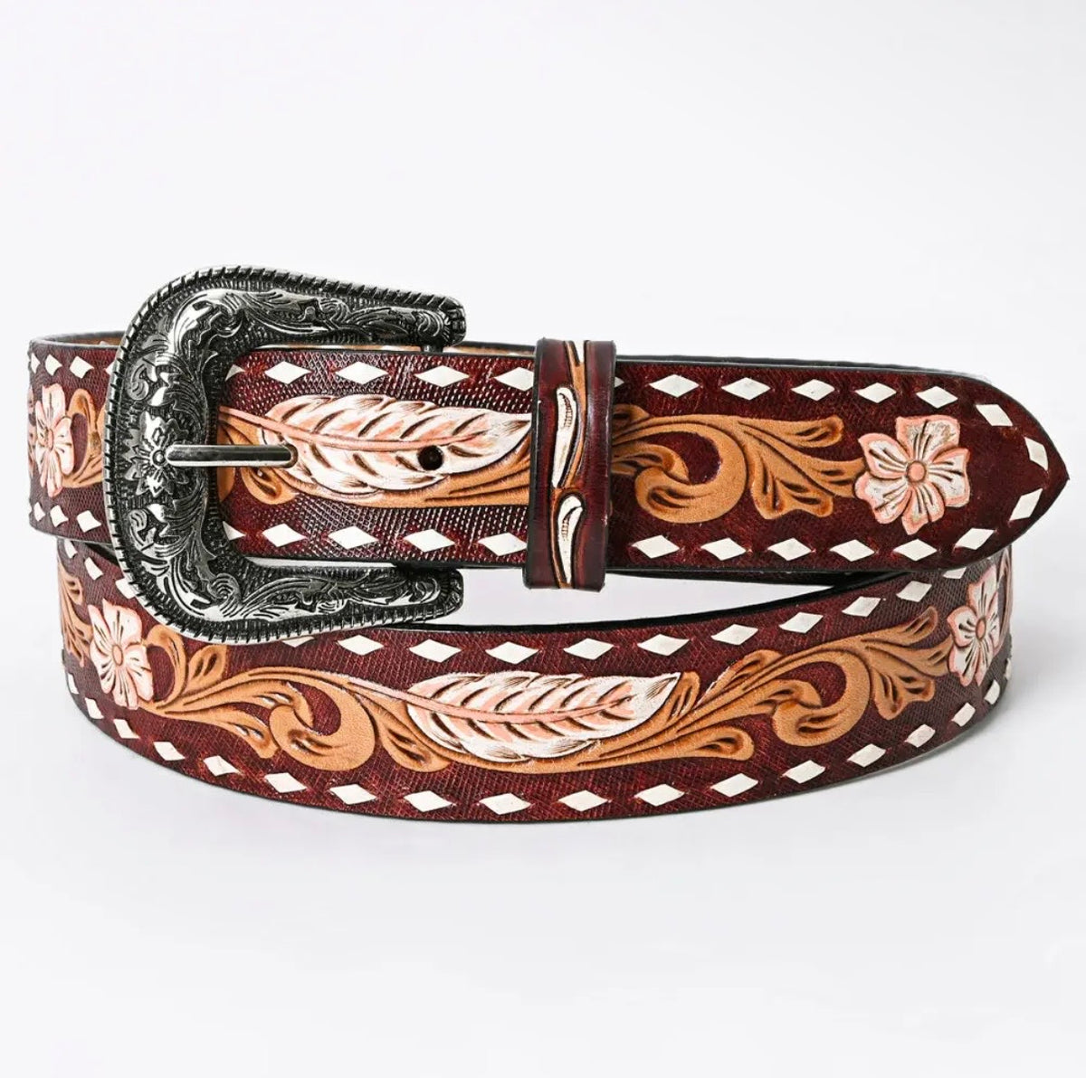 Feather in the Wind Hand Tooled Leather Belt￼