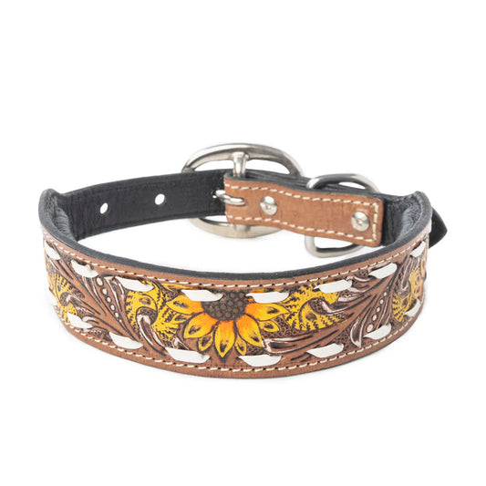 Prairie Sunflower Hand -Tooled Leather Dog Collat