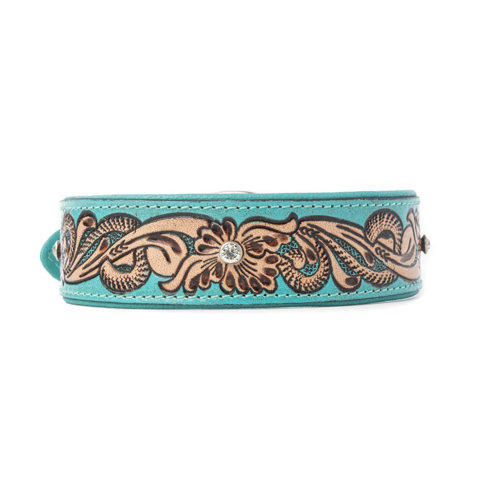 Turquoise Sparkle Leather Tooled Collar ￼