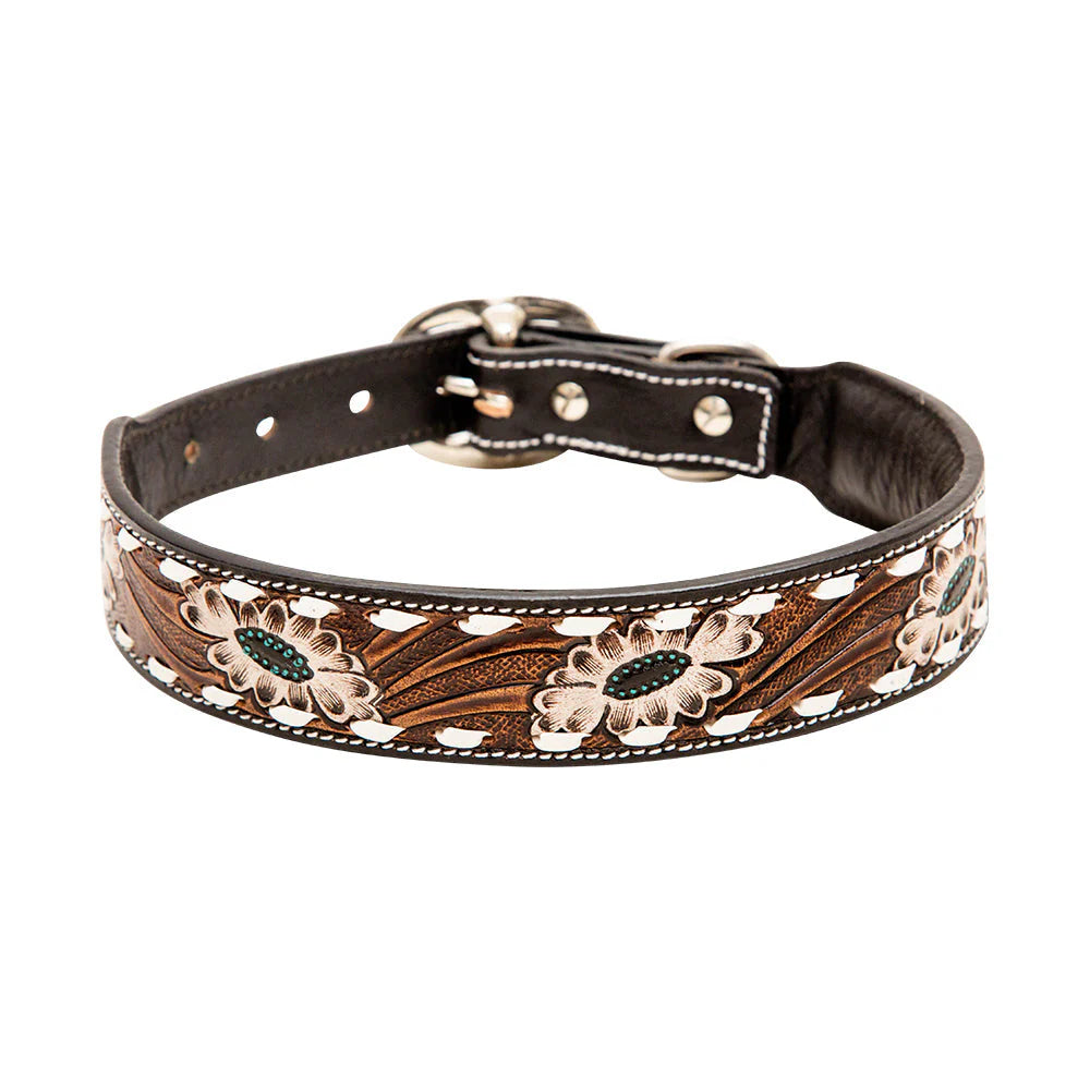White Stitched Hand-Tooled Leather Dog Collar