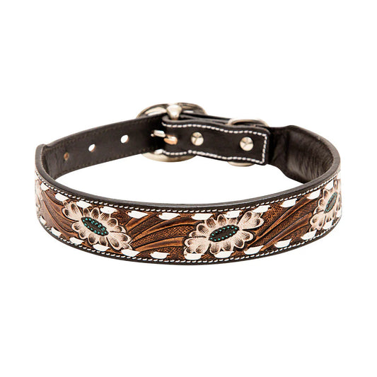 White Stitched Hand-Tooled Leather Dog Collar
