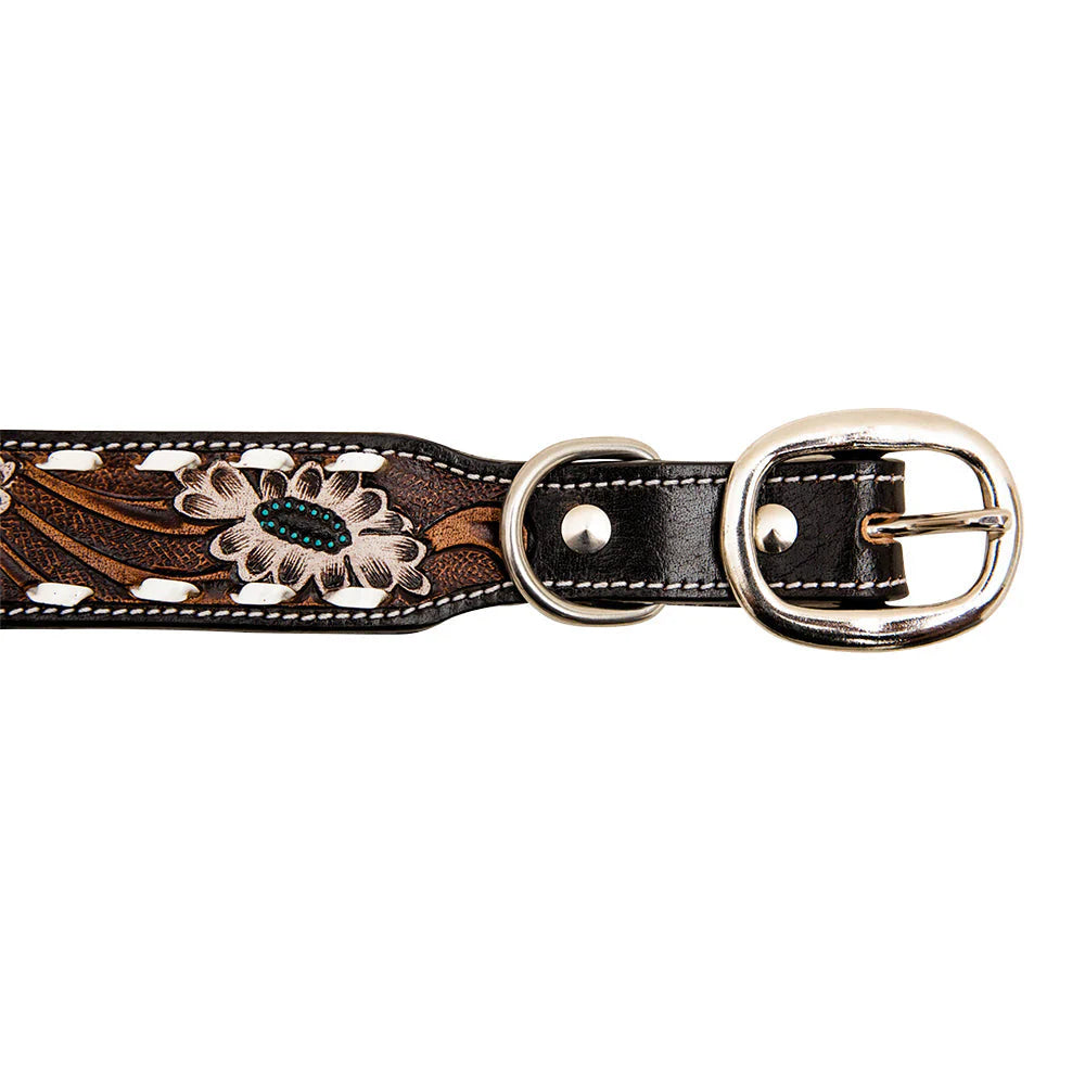White Stitched Hand-Tooled Leather Dog Collar