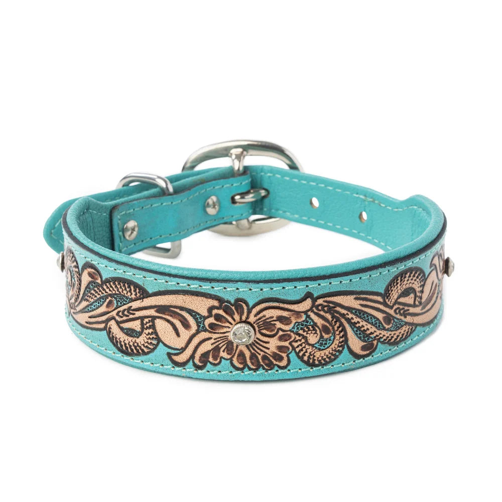 Turquoise Sparkle Leather Tooled Collar ￼