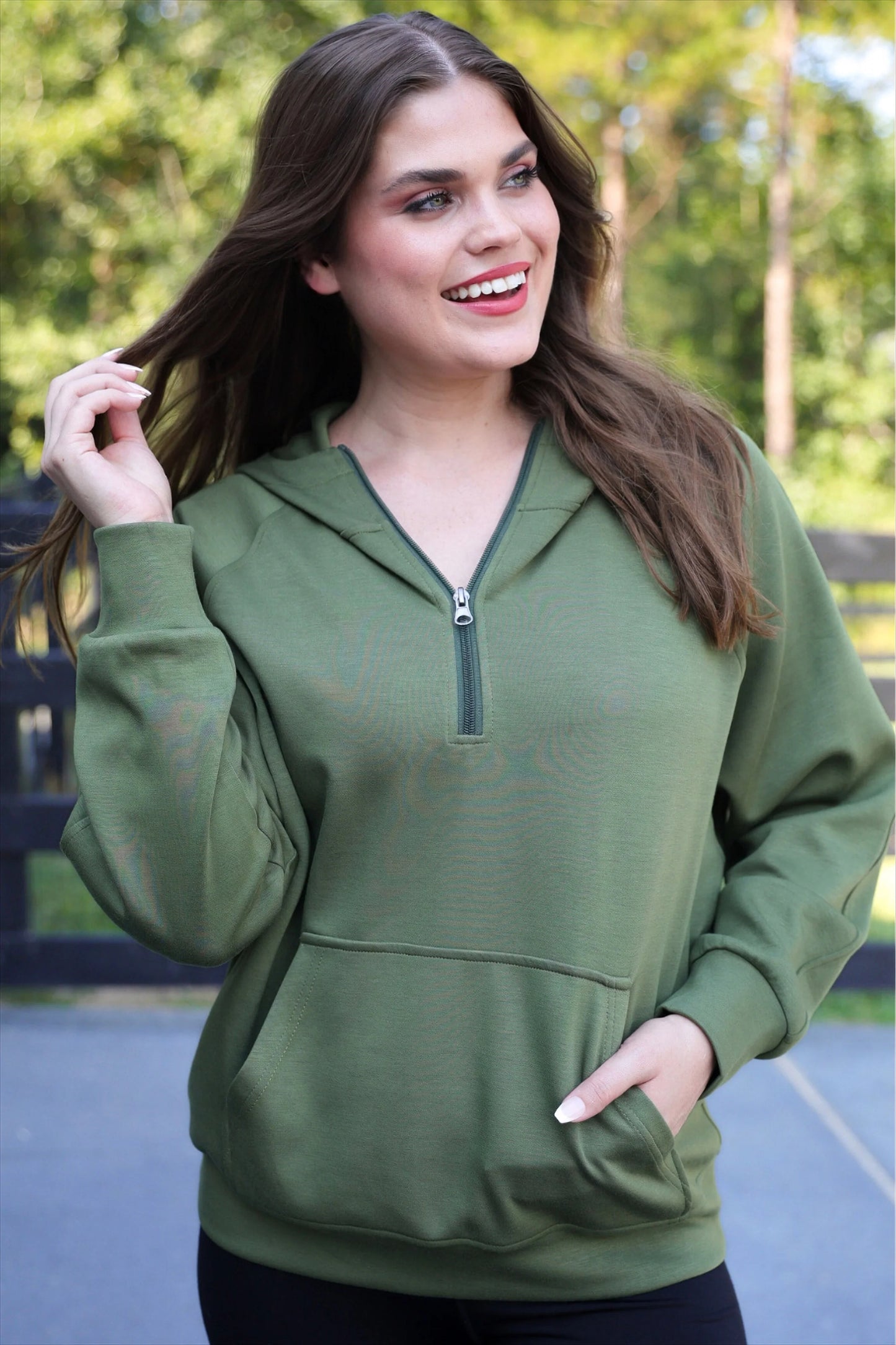 Kayla Luxe Hooded Quarter Zip Pullover- Olive